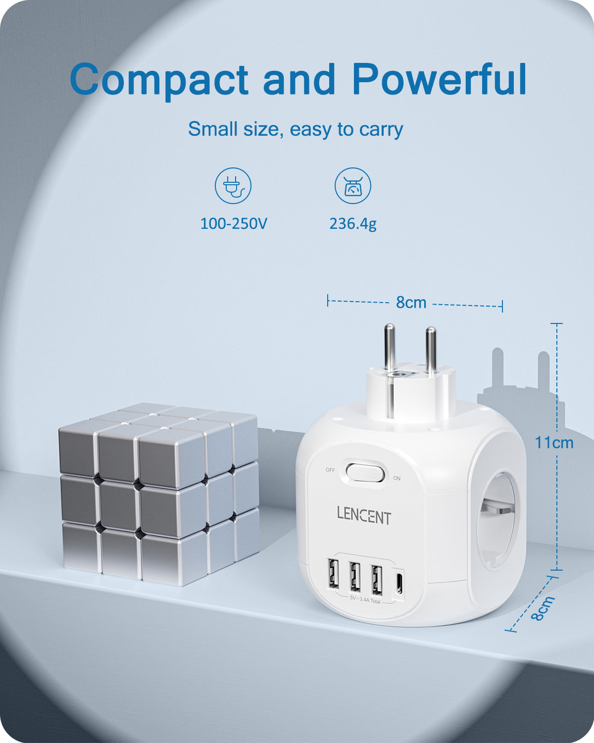 Multiprise premium : 4 prises AC, 3 ports USB, 1 multiprise Type-C avec câble tressé 2m/3m et interrupteur pour la maison