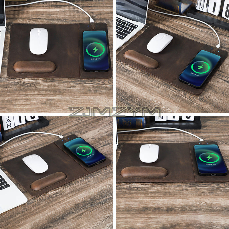 Tapis de souris haut de gamme avec chargeur sans fil Qi pour Apple iPhone 15 14 13 12 11 Pro Max Plus Mini, iOS, Watch, AirPods, Android, Samsung Galaxy, Xiaomi, Huawei : USB-C, support de téléphone portable, PU 2 en 1 Tapis en cuir