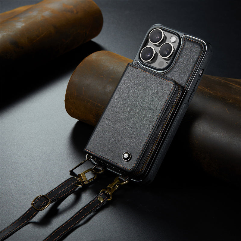 Luxury Leather Wallet Crossbody iPhone Case – Premium MagSafe phone chain & wallet case with card slot, stand function & strap, 360° shockproof protection, slim leather cover, keeps everything organized – perfect for outdoors & workdays