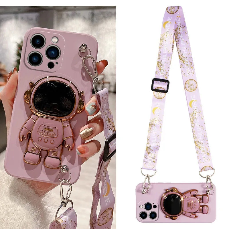 Luxus Crossbody-Lanyard Astronauten-Telefonhalterung und Ständer iPhone Hülle | MagSafe Case mit Rundumschutz und Kameralinsenschutzabdeckung für Apple iPhone 15/14/13/12 Pro Max Plus Cover | Panzertasche Handyhülle | Premium Schutzhülle - Phone Heaven Zone