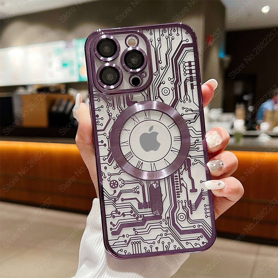 Premium Mechanical Watch Texture Design Magnetic MagSafe Transparent iPhone Case | 360-Degree Protection & Camera Lens Protection Case for Apple iPhone 16/15/14/13/12 Pro Max, Pro, Plus, e & Mini Cover | Shockproof Phone Case with Armor Shell Bumper Cover