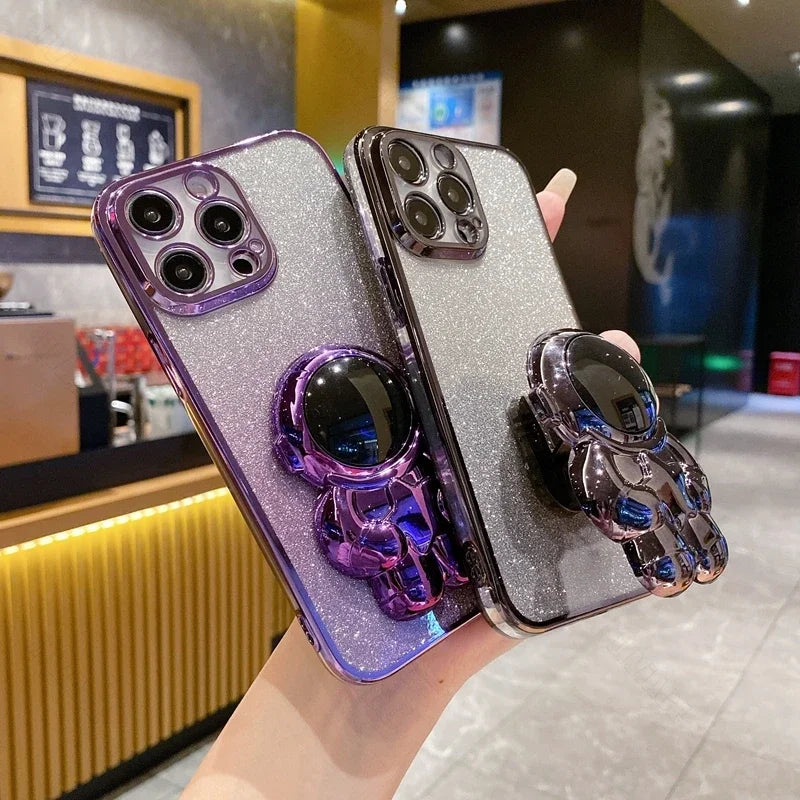 Étui en silicone pliant d'astronaute à paillettes de luxe avec support et support de main pour Apple iPhone | Antichoc, hydrofuge et sans traces de doigts