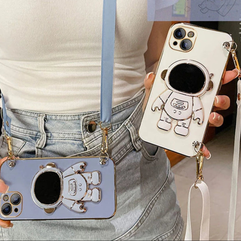 Luxury Crossbody Lanyard Astronaut Phone Holder and Stand iPhone Case | MagSafe Case with 360-Degree Protection and Camera Lens Cover for Apple iPhone 16/15/14/13/12 Pro Max, Plus Mini Cover | Armor Phone Case | Premium Protective Cover
