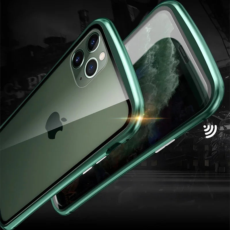High-Quality iPhone Case: Metal Frame and Double-Sided Glass | MagSafe-Compatible, Magnetic Adsorption for 360° Full Protection Case | Shockproof Glass Lens Camera Protection Armor | Cover for Apple iPhone 16/16e, 15, 14, 13, 12 Pro Max, Pro, Plus & Mini