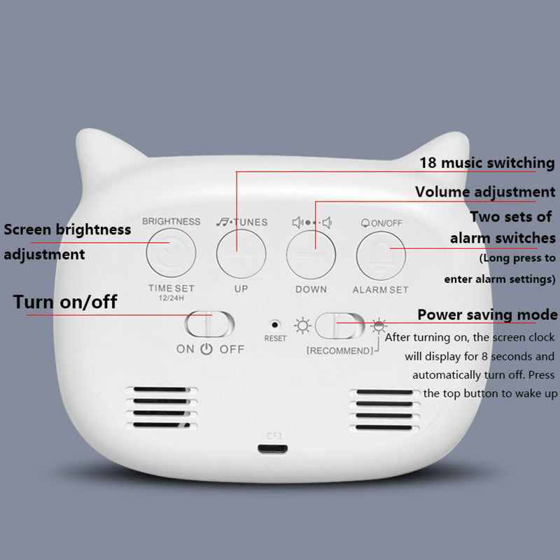 Réveil numérique rechargeable haut de gamme avec motif chat : veilleuse, fonction snooze tactile, affichage permanent, 12/24 h, double alarme, musique, horloge de table LED
