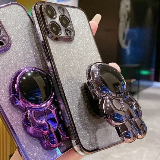 Étui en silicone pliant d'astronaute à paillettes de luxe avec support et support de main pour Apple iPhone | Antichoc, hydrofuge et sans traces de doigts