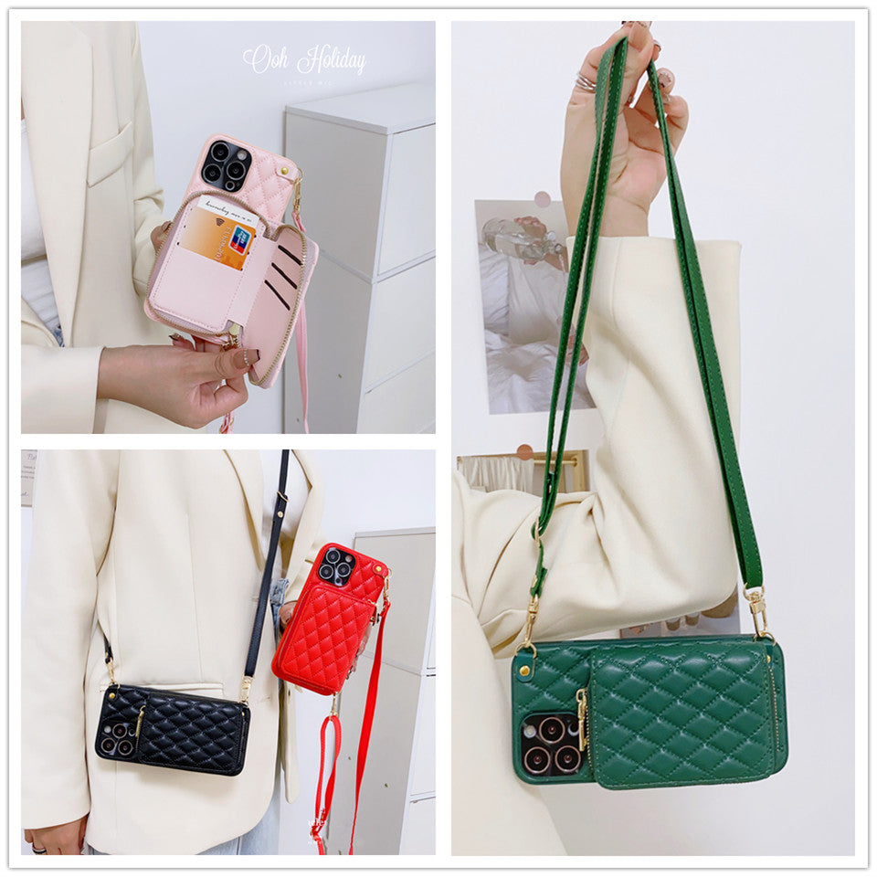 Luxury Leather Wallet with Zipper Crossbody Lanyard iPhone Case | MagSafe Case with Camera Lens Cover for Apple iPhone 16/15/14/13/12 Pro Max, Plus Mini Cover – Crossbody Strap, Shoulder Strap, Card Holder Phone Case | Premium Protective Cover