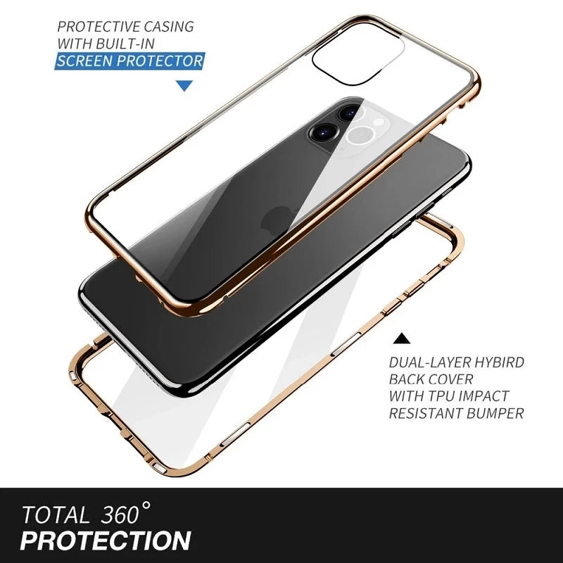 High-Quality iPhone Case: Metal Frame and Double-Sided Glass | MagSafe-Compatible, Magnetic Adsorption for 360° Full Protection Case | Shockproof Glass Lens Camera Protection Armor | Cover for Apple iPhone 16/16e, 15, 14, 13, 12 Pro Max, Pro, Plus & Mini