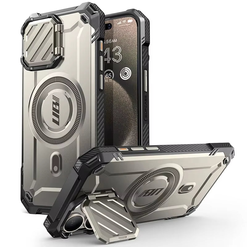 High-Quality Military Armor Protection iPhone Case with Camera Lens Cover and Built-in Kickstand | MagSafe Compatible Full Body Protective Cover for Apple iPhone 16/15/14/13/12 Pro Max Plus Mini | Armor Case