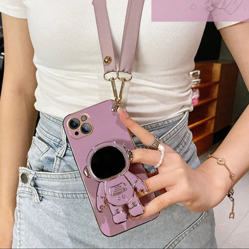 Luxury Crossbody Lanyard Astronaut Phone Holder and Stand iPhone Case | MagSafe Case with 360-Degree Protection and Camera Lens Cover for Apple iPhone 16/15/14/13/12 Pro Max, Plus Mini Cover | Armor Phone Case | Premium Protective Cover
