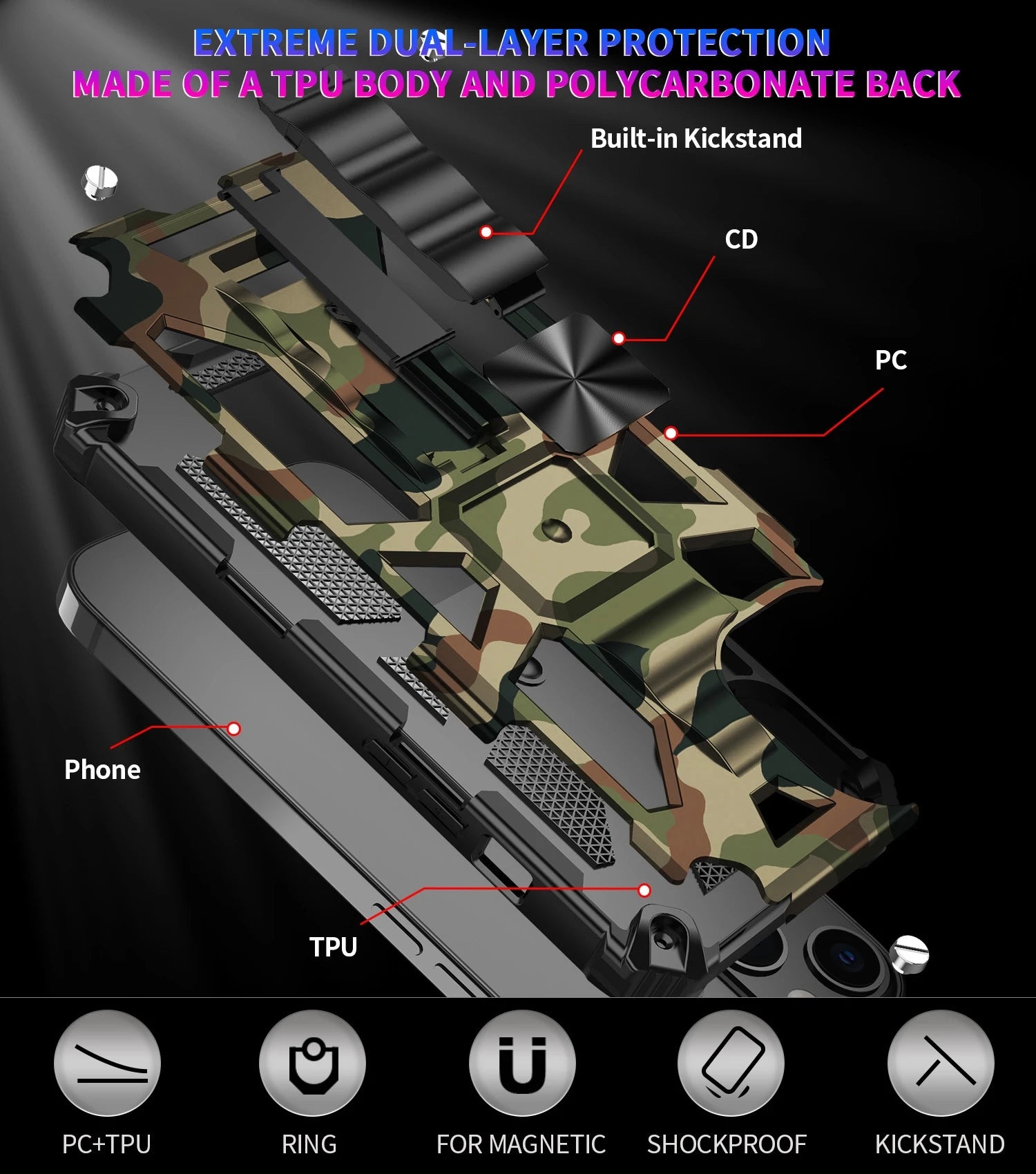 Coque iPhone armure militaire hybride de haute qualité MagSafe Case pour Apple iPhone 15/14/13/12 Pro Max Plus avec support intégré, coque camouflage, protection complète de l'appareil photo et protection d'écran