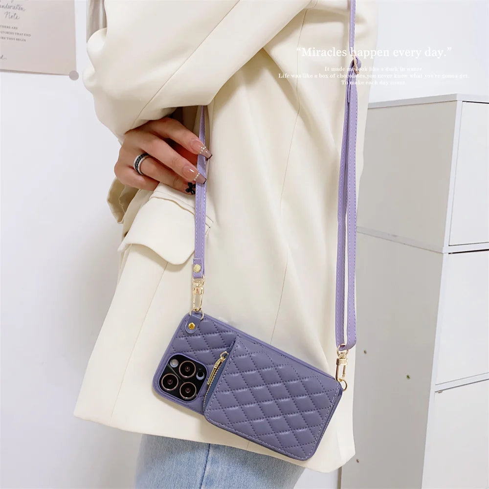 Luxury Leather Wallet with Zipper Crossbody Lanyard iPhone Case | MagSafe Case with Camera Lens Cover for Apple iPhone 16/15/14/13/12 Pro Max, Plus Mini Cover – Crossbody Strap, Shoulder Strap, Card Holder Phone Case | Premium Protective Cover