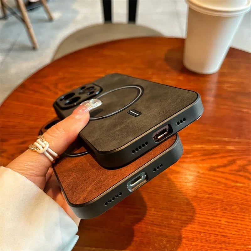 Étui MagSafe en cuir de haute qualité : étui magnétique pour iPhone | Coque antichoc avec housse de protection pour appareil photo - Coque blindée pour Apple iPhone 15/14/13 Pro Max Plus | Coque de téléphone de luxe