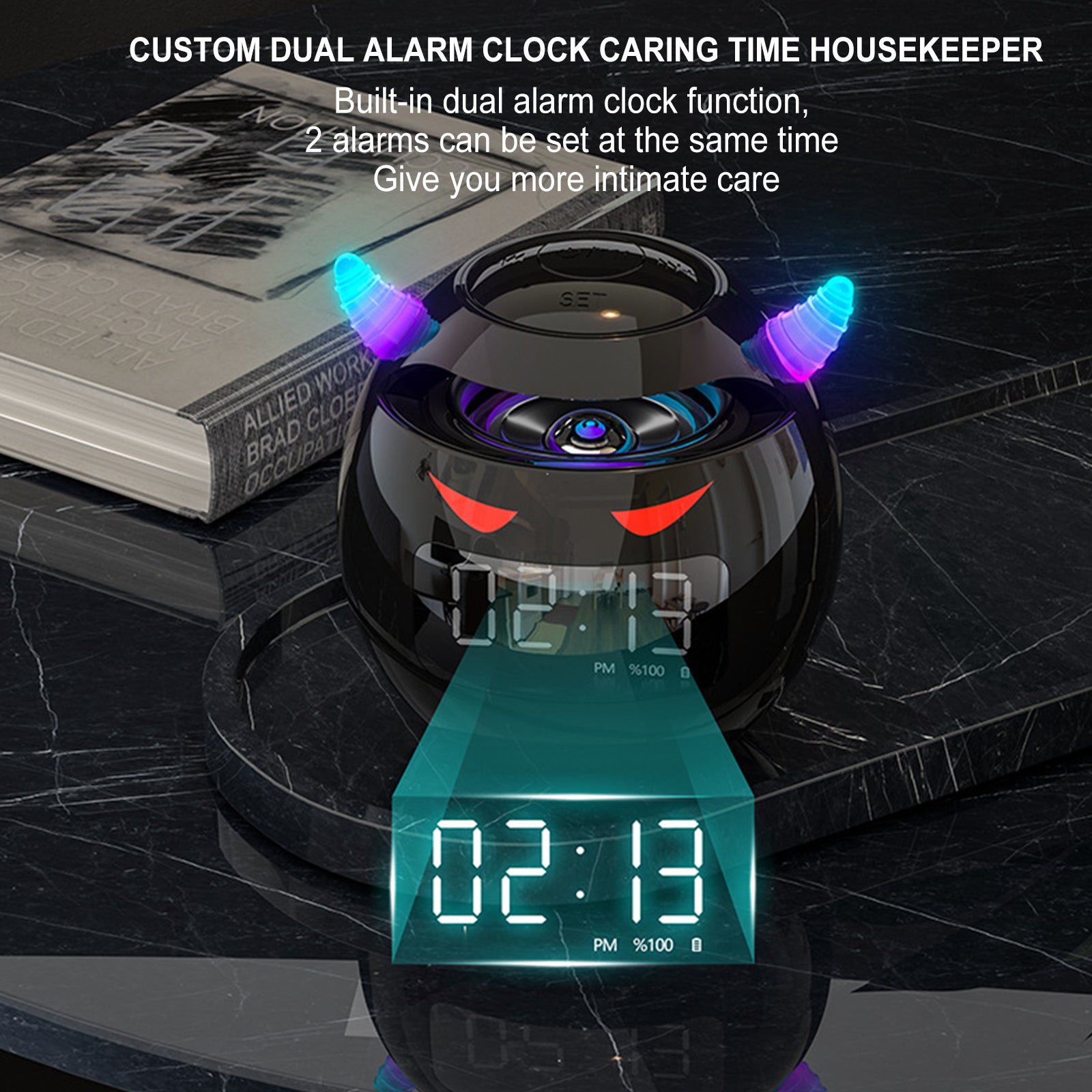 Mini haut-parleur Réveil Bluetooth avec horloge | Conception petit diable, réveil, mini caisson de basses audio, carte
