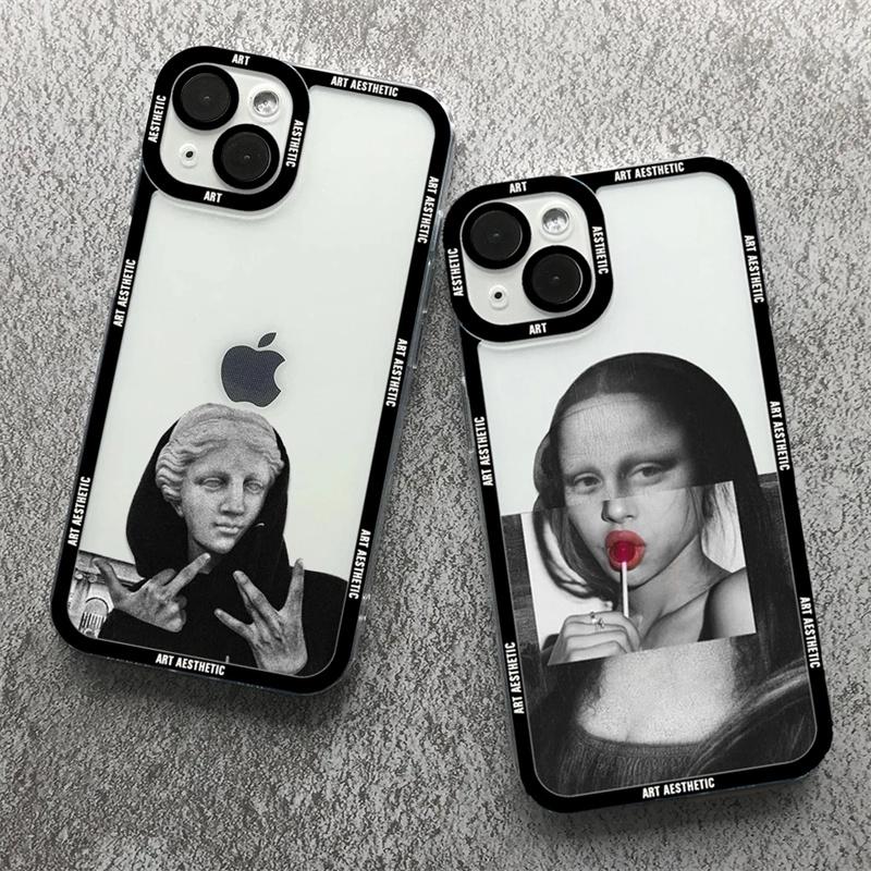 Premium Artistic Aesthetic History Design: 'David & Mona Lisa' Clear iPhone Case | MagSafe Case 360-Degree Prtection & Camera Lens Cover for Apple iPhone 16/15/14/13/12 Pro Max, Pro, Plus, e & Mini Cover | Shockproof Phone Case with Armor & Bumper