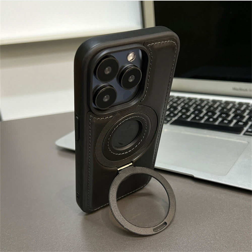 Premium Leather iPhone Case with Magnetic Ring Stand: 360-Degree Rotating Gyro Stand Function & Foldable Holder | MagSafe Case with 360-Degree Camera Lens Protection for Apple iPhone 16/16e, 15, 14, 13, 12 Pro Max, Pro, Plus, Mini Armor Protectiv Cover