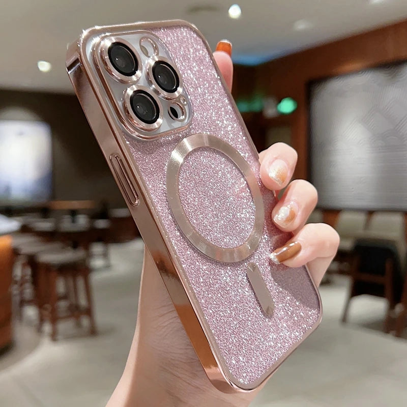 <tc>Coque magnétique de luxe pour iPhone avec bandoulière et paillettes dégradées | Étui MagSafe avec protection d’objectif caméra | Apple iPhone 17/17 Air/16/16e/15/14/13 Pro Max Plus | Étui blindé en TPU souple plaqué, protection haut de gamme</tc>