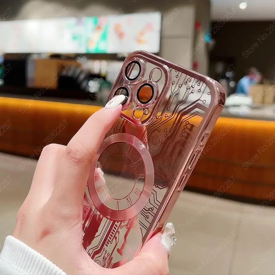 Premium Mechanical Watch Texture Design Magnetic MagSafe Transparent iPhone Case | 360-Degree Protection & Camera Lens Protection Case for Apple iPhone 16/15/14/13/12 Pro Max, Pro, Plus, e & Mini Cover | Shockproof Phone Case with Armor Shell Bumper Cover