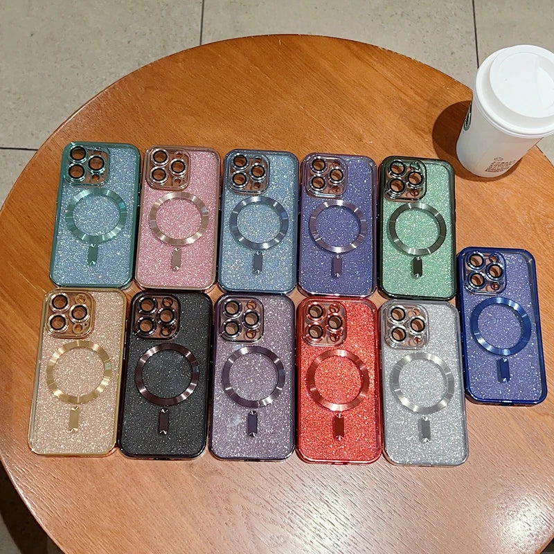 <tc>Coque magnétique de luxe pour iPhone avec bandoulière et paillettes dégradées | Étui MagSafe avec protection d’objectif caméra | Apple iPhone 17/17 Air/16/16e/15/14/13 Pro Max Plus | Étui blindé en TPU souple plaqué, protection haut de gamme</tc>