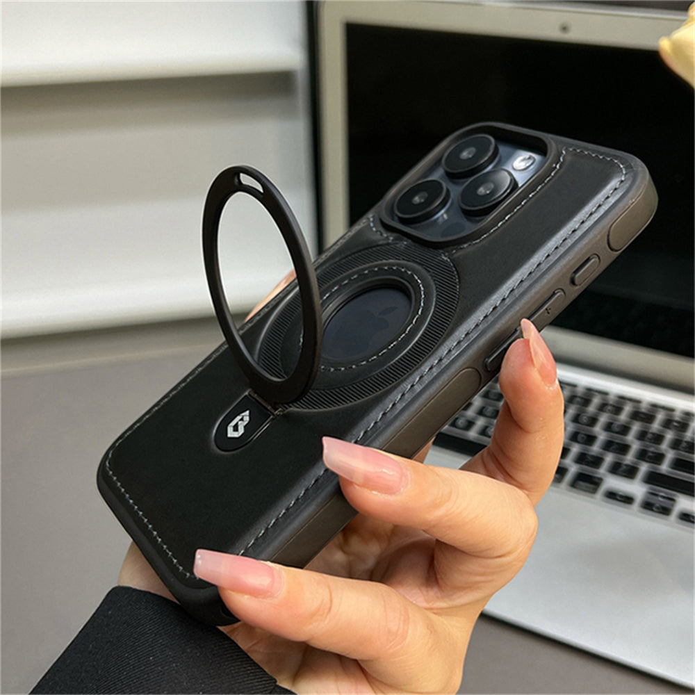 Premium Leather iPhone Case with Magnetic Ring Stand: 360-Degree Rotating Gyro Stand Function & Foldable Holder | MagSafe Case with 360-Degree Camera Lens Protection for Apple iPhone 16/16e, 15, 14, 13, 12 Pro Max, Pro, Plus, Mini Armor Protectiv Cover