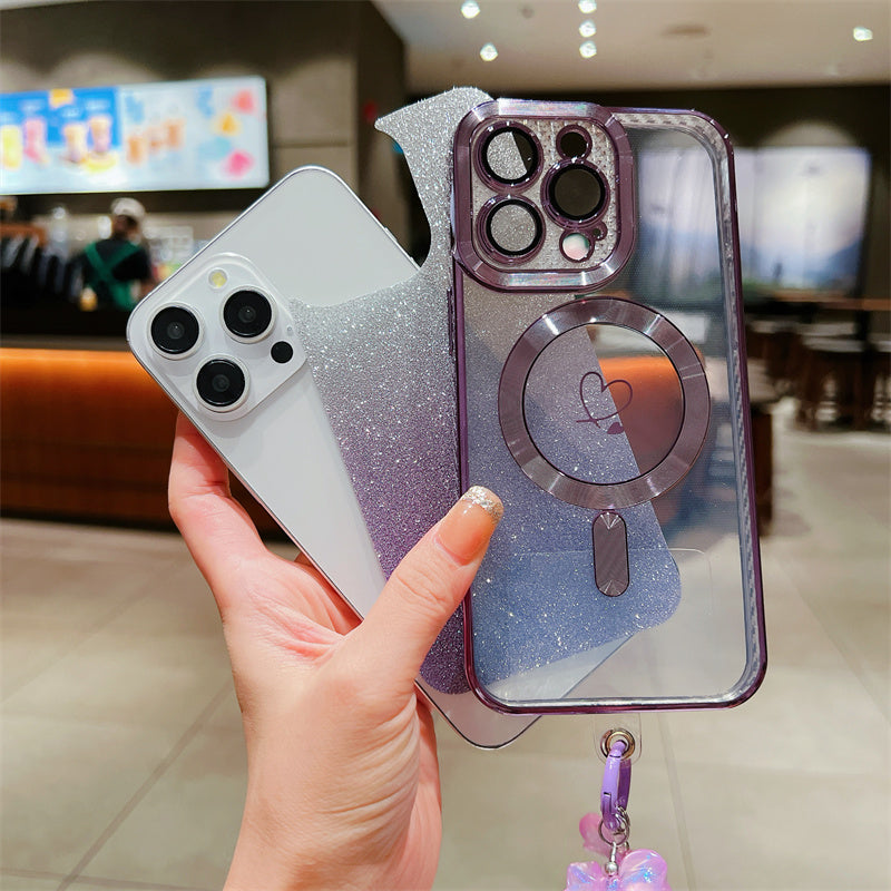 <tc>Coque magnétique de luxe pour iPhone avec bandoulière et paillettes dégradées | Étui MagSafe avec protection d’objectif caméra | Apple iPhone 17/17 Air/16/16e/15/14/13 Pro Max Plus | Étui blindé en TPU souple plaqué, protection haut de gamme</tc>