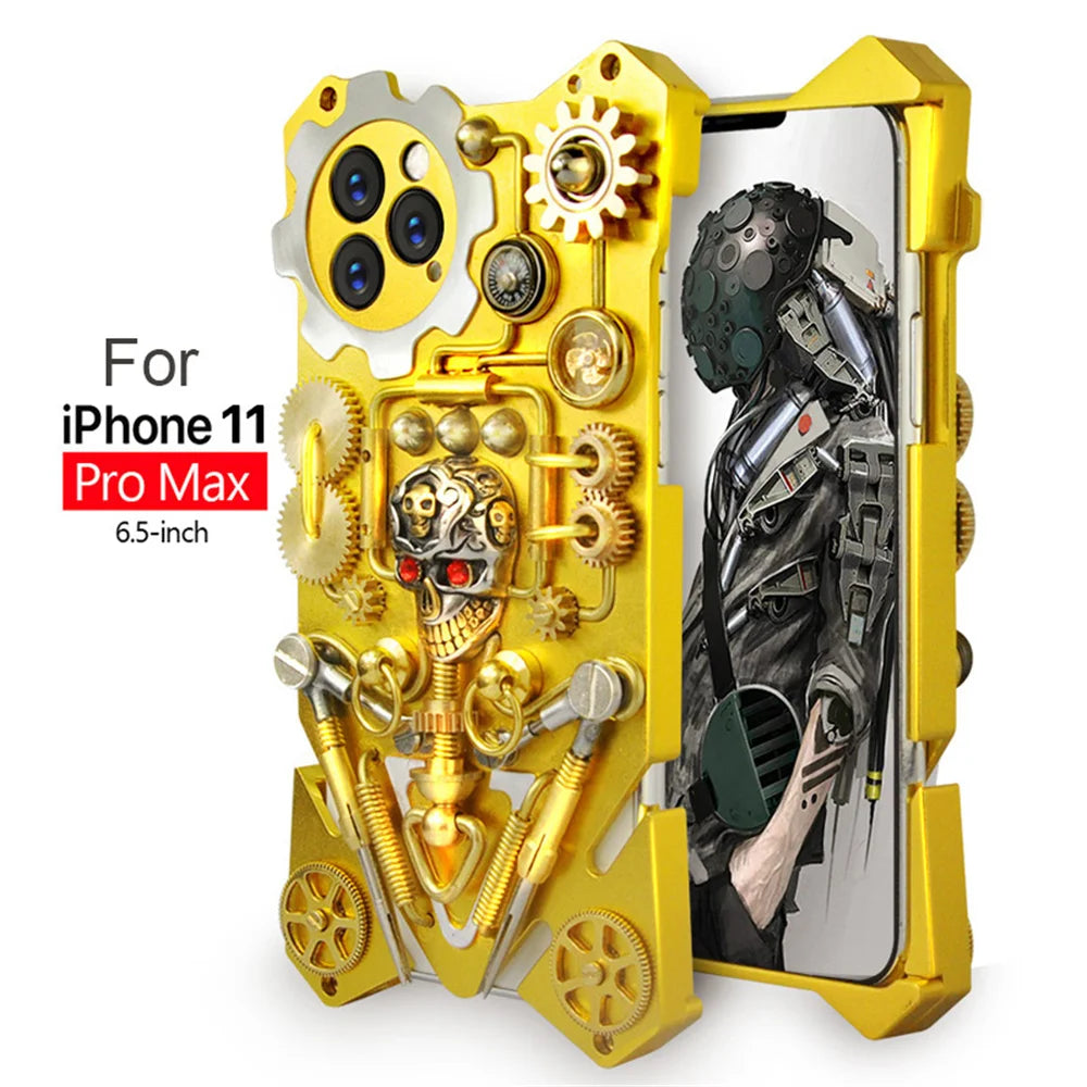 Premium Mechanical Gaming Design: Shockproof Metal iPhone Case with Gear Stand and MagSafe | Aluminum Cooling, Skull Compass Cover for Apple iPhone 16/15/14/13/12 Pro Max, Pro, Plus, e & Mini | 360-Degree All Around Camera Lens Protection