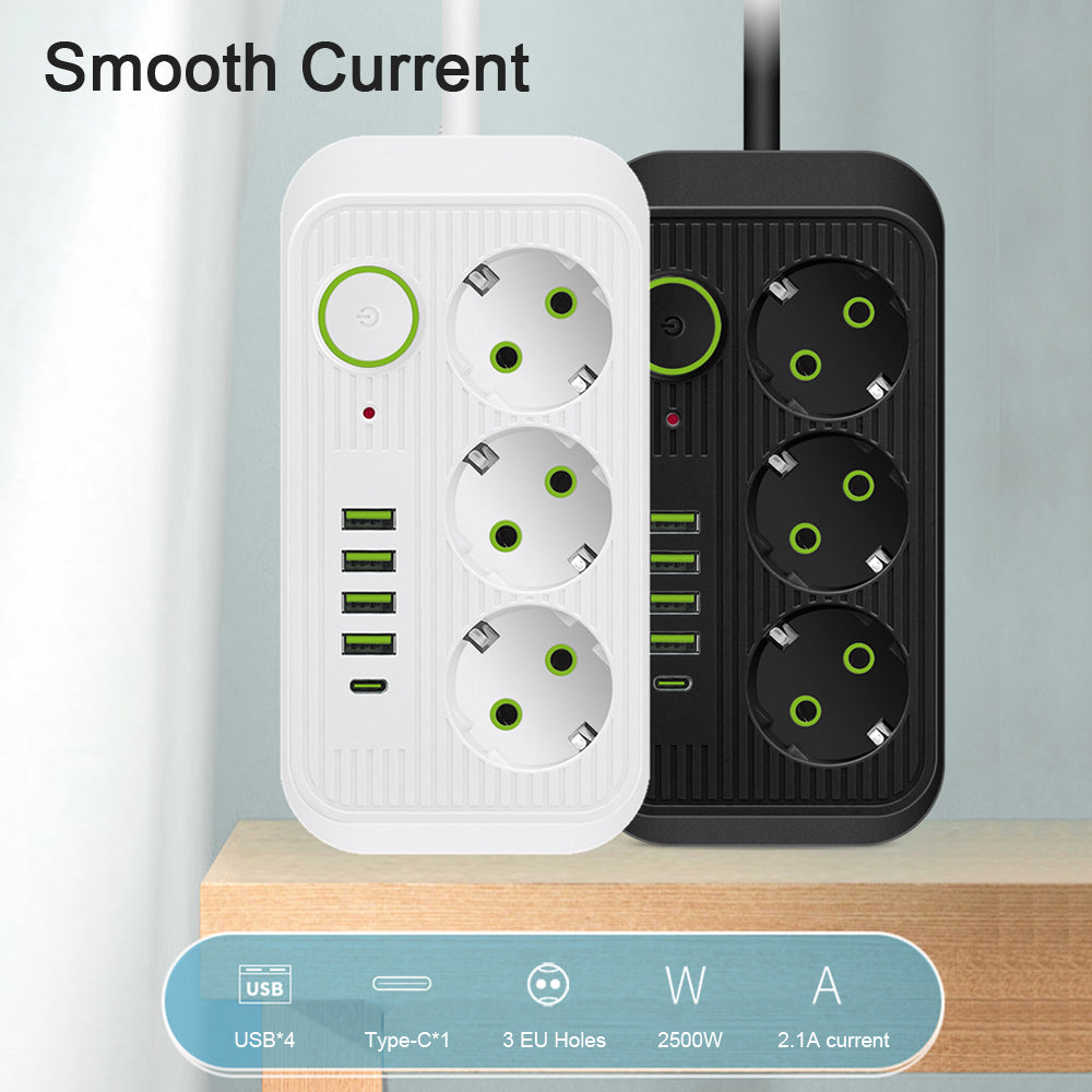 Steckdosenleiste 2 m Verlängerungskabel Multiprise 3 AC-Steckdosen mit 4 USB 1 Typ-C | Premium-Netzwerkfilter und Ladegerät