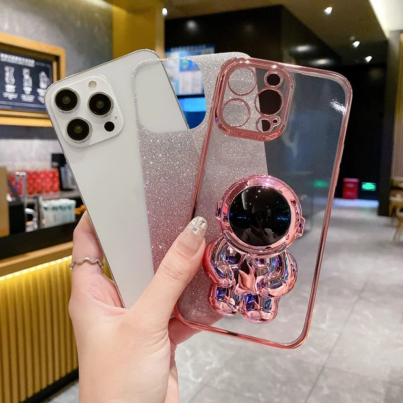 Étui en silicone pliant d'astronaute à paillettes de luxe avec support et support de main pour Apple iPhone | Antichoc, hydrofuge et sans traces de doigts