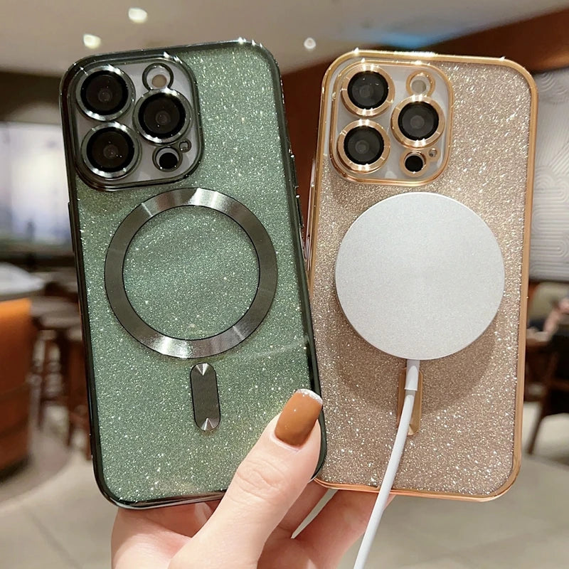 <tc>Coque magnétique de luxe pour iPhone avec bandoulière et paillettes dégradées | Étui MagSafe avec protection d’objectif caméra | Apple iPhone 17/17 Air/16/16e/15/14/13 Pro Max Plus | Étui blindé en TPU souple plaqué, protection haut de gamme</tc>