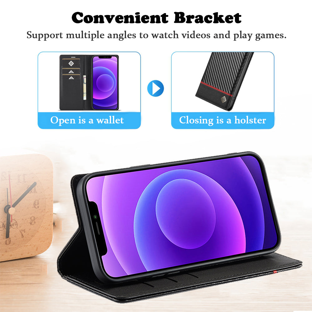 Premium Carbon Fiber Leather Wallet | Magnetic Flip Book Cover iPhone Case | MagSafe Case with Card Holder, Stand, and Wallet Function for Apple iPhone 16/15/14/13/12 Pro Max, Plus, Mini - Versatile Protective Cover