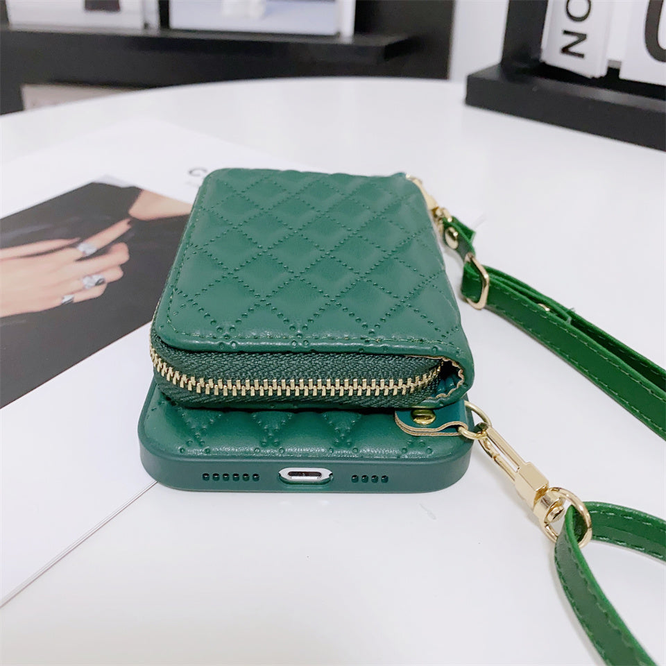 Luxury Leather Wallet with Zipper Crossbody Lanyard iPhone Case | MagSafe Case with Camera Lens Cover for Apple iPhone 16/15/14/13/12 Pro Max, Plus Mini Cover – Crossbody Strap, Shoulder Strap, Card Holder Phone Case | Premium Protective Cover