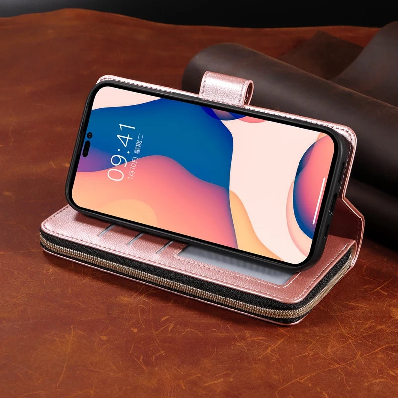 Étui portefeuille en cuir de qualité supérieure SecureSwipe pour Apple iPhone | Caractéristiques du portefeuille et du portefeuille : fermeture magnétique, plusieurs emplacements pour cartes, construction résistante aux rayures, aux chocs et légère.