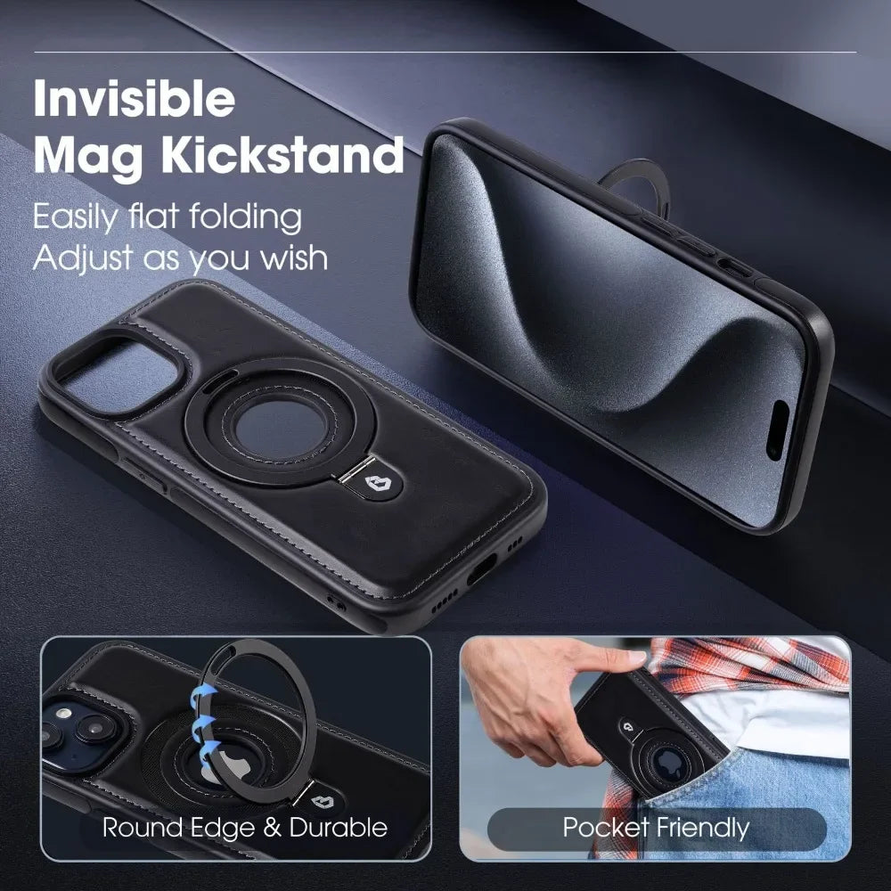 Premium Leather iPhone Case with Magnetic Ring Stand: 360-Degree Rotating Gyro Stand Function & Foldable Holder | MagSafe Case with 360-Degree Camera Lens Protection for Apple iPhone 16/16e, 15, 14, 13, 12 Pro Max, Pro, Plus, Mini Armor Protectiv Cover