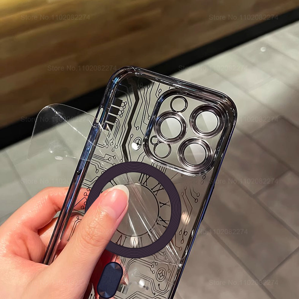 Premium Mechanical Watch Texture Design Magnetic MagSafe Transparent iPhone Case | 360-Degree Protection & Camera Lens Protection Case for Apple iPhone 16/15/14/13/12 Pro Max, Pro, Plus, e & Mini Cover | Shockproof Phone Case with Armor Shell Bumper Cover