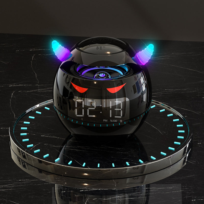 Mini haut-parleur Réveil Bluetooth avec horloge | Conception petit diable, réveil, mini caisson de basses audio, carte