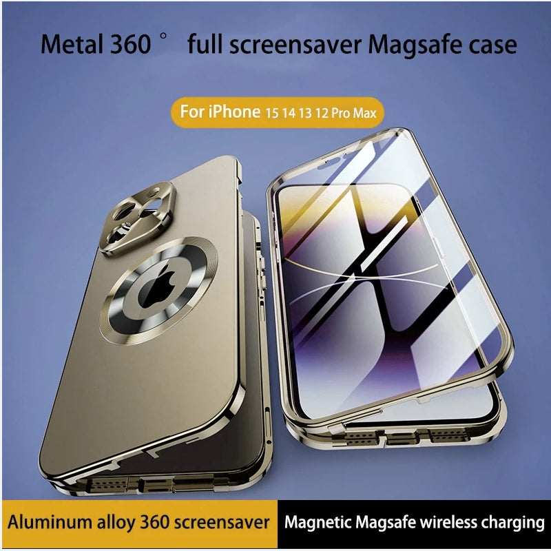 Luxury Ultra-Thin iPhone Case: Metal Alloy and Glass, Privacy Protection, Double-Sided 360° Full Protection | MagSafe-Compatible Magnetic Adsorption | Shockproof with Camera Protection | Apple iPhone 16/16e, 15, 14, 13, 12 Pro Max, Pro, Plus & Mini Cover