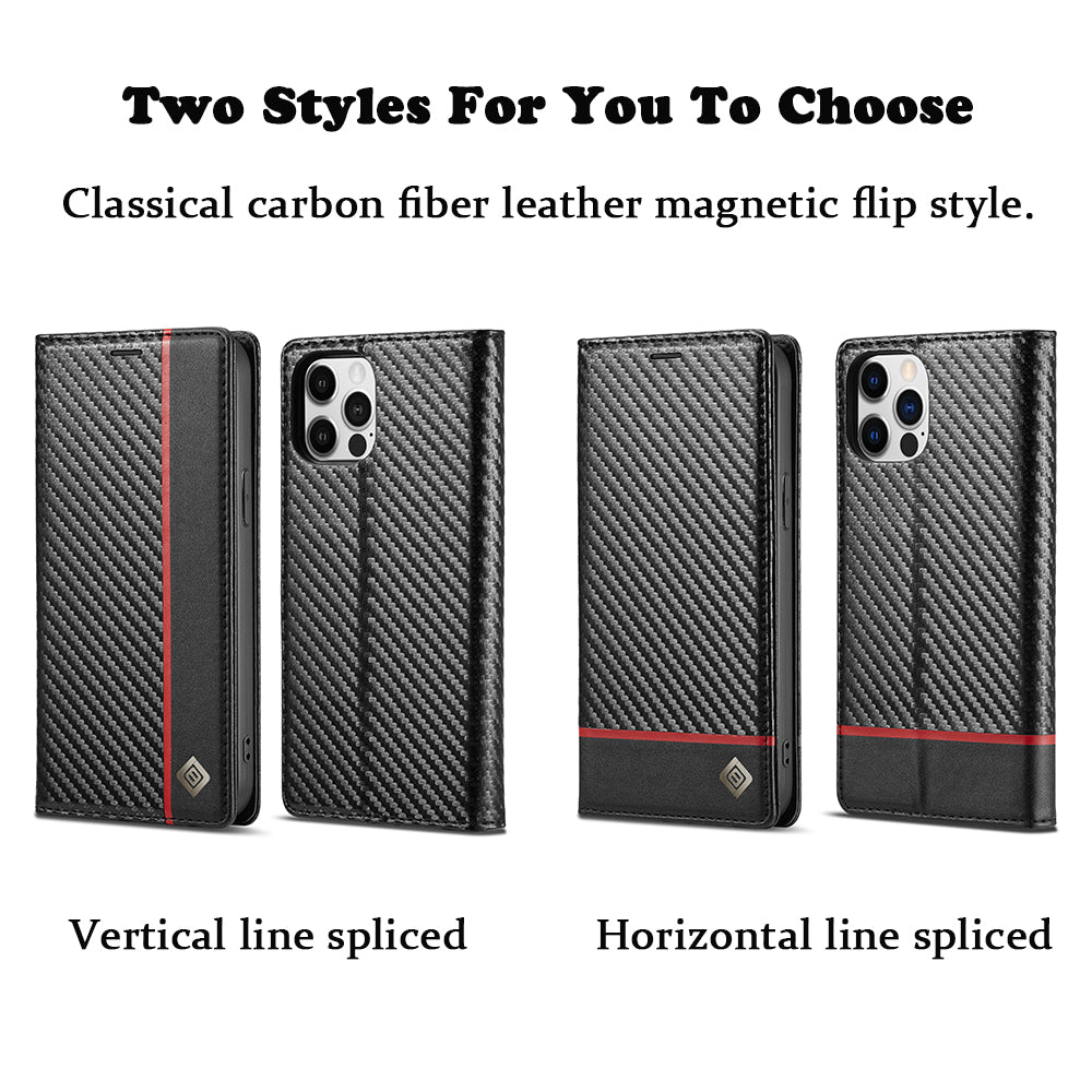 Premium Carbon Fiber Leather Wallet | Magnetic Flip Book Cover iPhone Case | MagSafe Case with Card Holder, Stand, and Wallet Function for Apple iPhone 16/15/14/13/12 Pro Max, Plus, Mini - Versatile Protective Cover