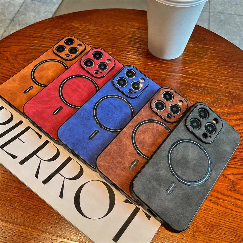 Étui MagSafe en cuir de haute qualité : étui magnétique pour iPhone | Coque antichoc avec housse de protection pour appareil photo - Coque blindée pour Apple iPhone 15/14/13 Pro Max Plus | Coque de téléphone de luxe