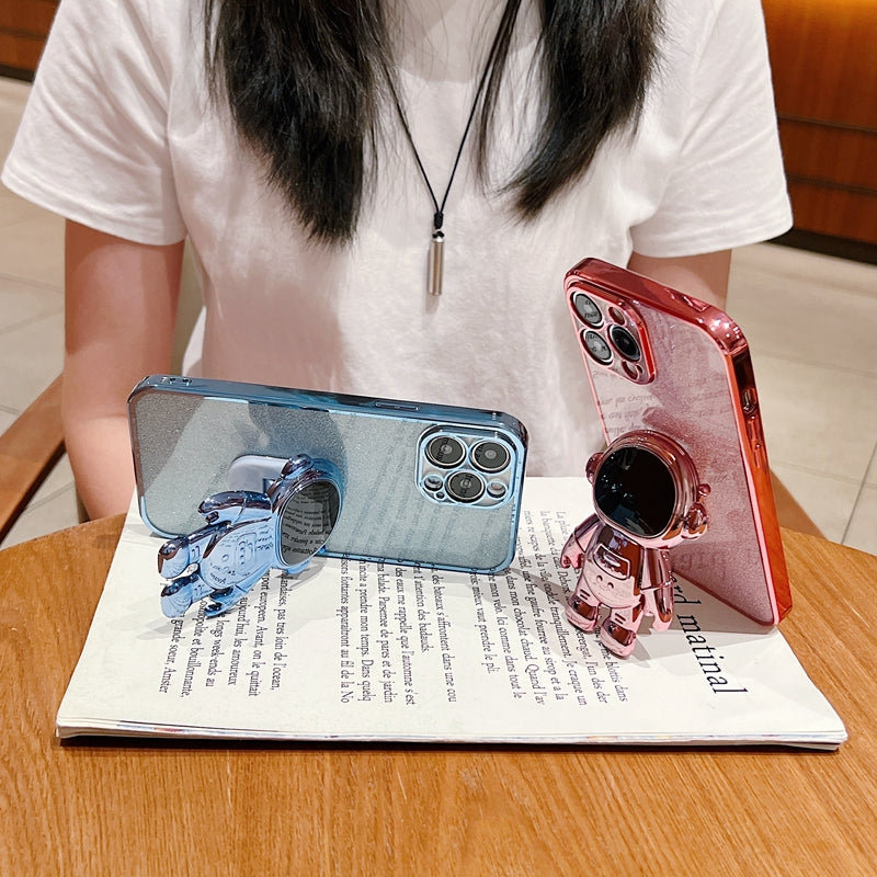 Étui en silicone pliant d'astronaute à paillettes de luxe avec support et support de main pour Apple iPhone | Antichoc, hydrofuge et sans traces de doigts