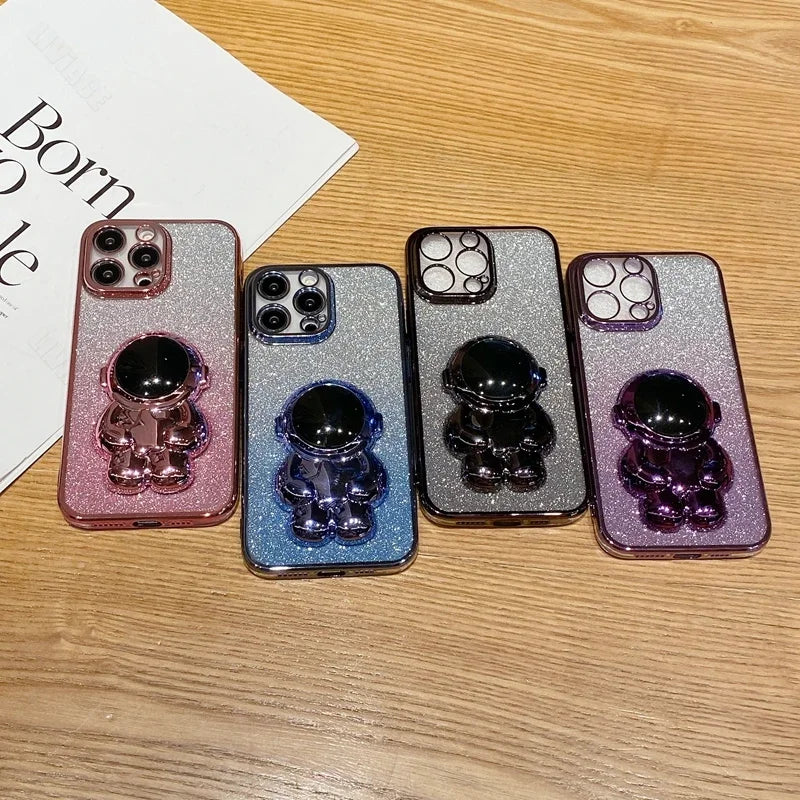 Étui en silicone pliant d'astronaute à paillettes de luxe avec support et support de main pour Apple iPhone | Antichoc, hydrofuge et sans traces de doigts