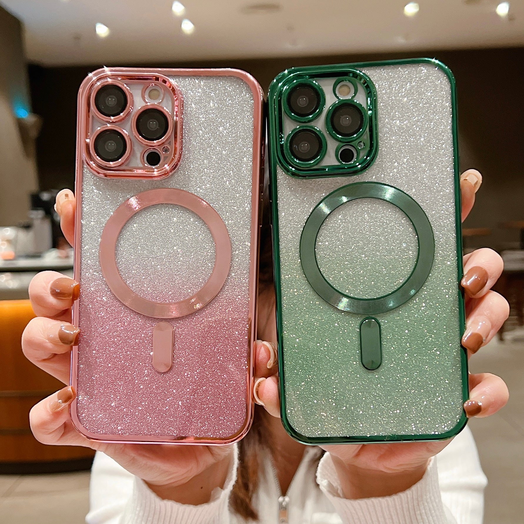 <tc>Coque magnétique de luxe pour iPhone avec bandoulière et paillettes dégradées | Étui MagSafe avec protection d’objectif caméra | Apple iPhone 17/17 Air/16/16e/15/14/13 Pro Max Plus | Étui blindé en TPU souple plaqué, protection haut de gamme</tc>
