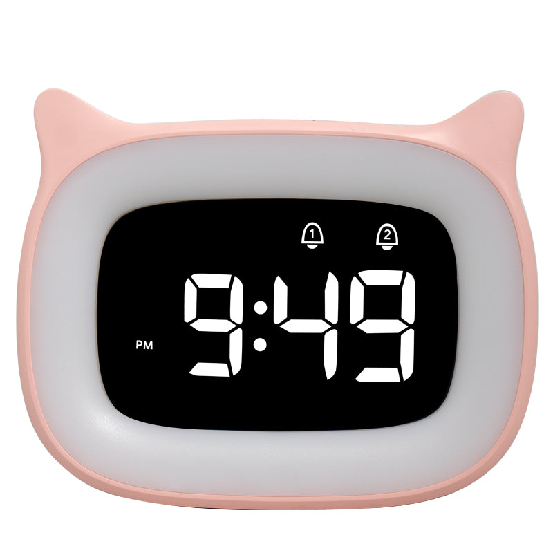 Réveil numérique rechargeable haut de gamme avec motif chat : veilleuse, fonction snooze tactile, affichage permanent, 12/24 h, double alarme, musique, horloge de table LED