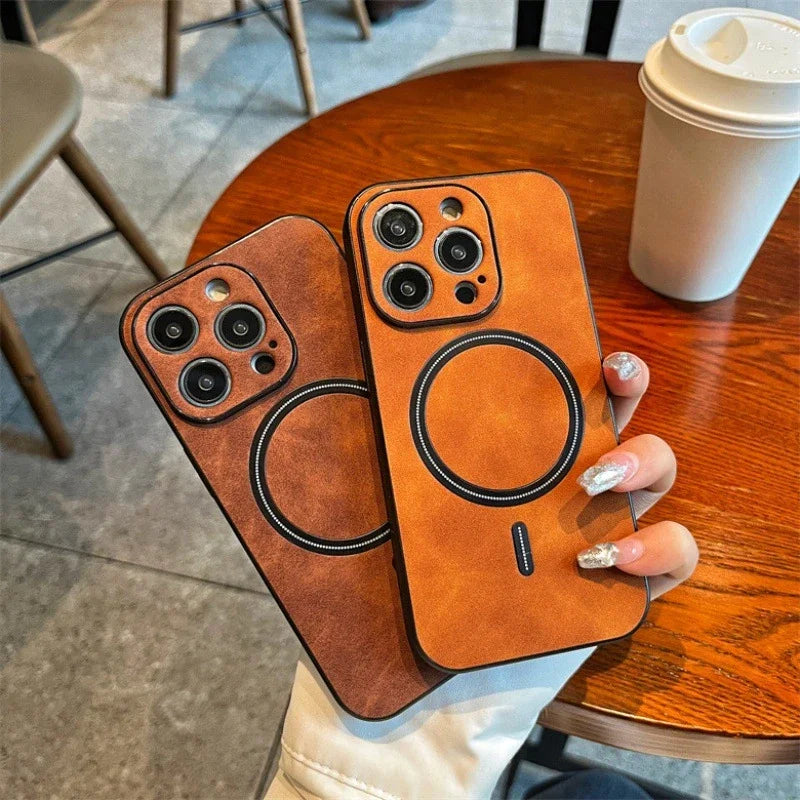 Étui MagSafe en cuir de haute qualité : étui magnétique pour iPhone | Coque antichoc avec housse de protection pour appareil photo - Coque blindée pour Apple iPhone 15/14/13 Pro Max Plus | Coque de téléphone de luxe