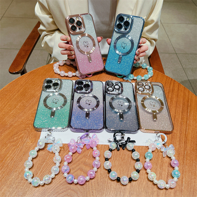 <tc>Coque magnétique de luxe pour iPhone avec bandoulière et paillettes dégradées | Étui MagSafe avec protection d’objectif caméra | Apple iPhone 17/17 Air/16/16e/15/14/13 Pro Max Plus | Étui blindé en TPU souple plaqué, protection haut de gamme</tc>