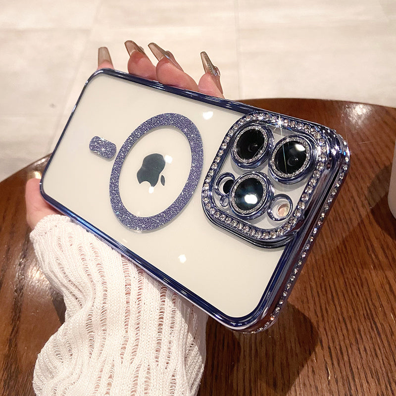 Étui iPhone à revêtement transparent à paillettes de diamant rose de luxe haut de gamme | Étui MagSafe avec housse de protection d'objectif d'appareil photo pour Apple iPhone 15/14/13/12 Pro Max Plus Mini | Sac blindé, housse de protection pare-chocs