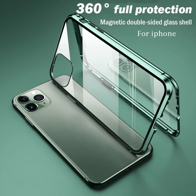 High-Quality iPhone Case: Metal Frame and Double-Sided Glass | MagSafe-Compatible, Magnetic Adsorption for 360° Full Protection Case | Shockproof Glass Lens Camera Protection Armor | Cover for Apple iPhone 16/16e, 15, 14, 13, 12 Pro Max, Pro, Plus & Mini