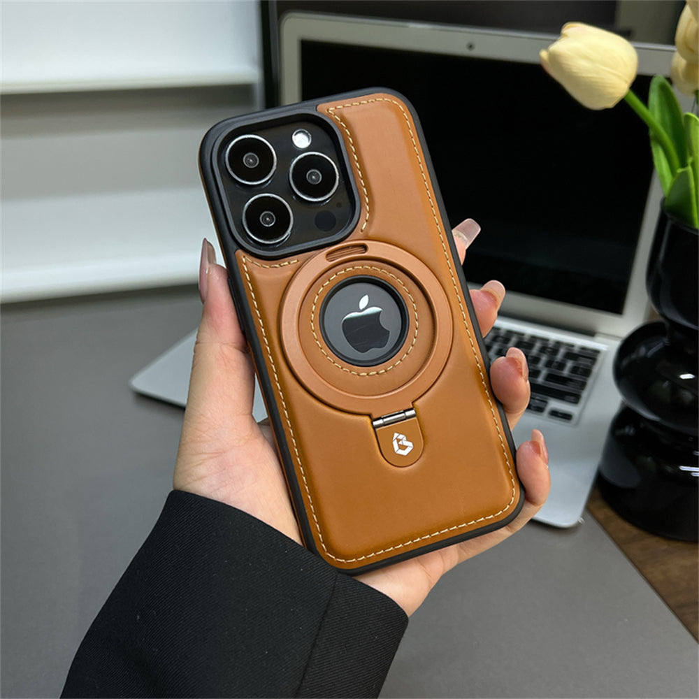 Premium Leather iPhone Case with Magnetic Ring Stand: 360-Degree Rotating Gyro Stand Function & Foldable Holder | MagSafe Case with 360-Degree Camera Lens Protection for Apple iPhone 16/16e, 15, 14, 13, 12 Pro Max, Pro, Plus, Mini Armor Protectiv Cover
