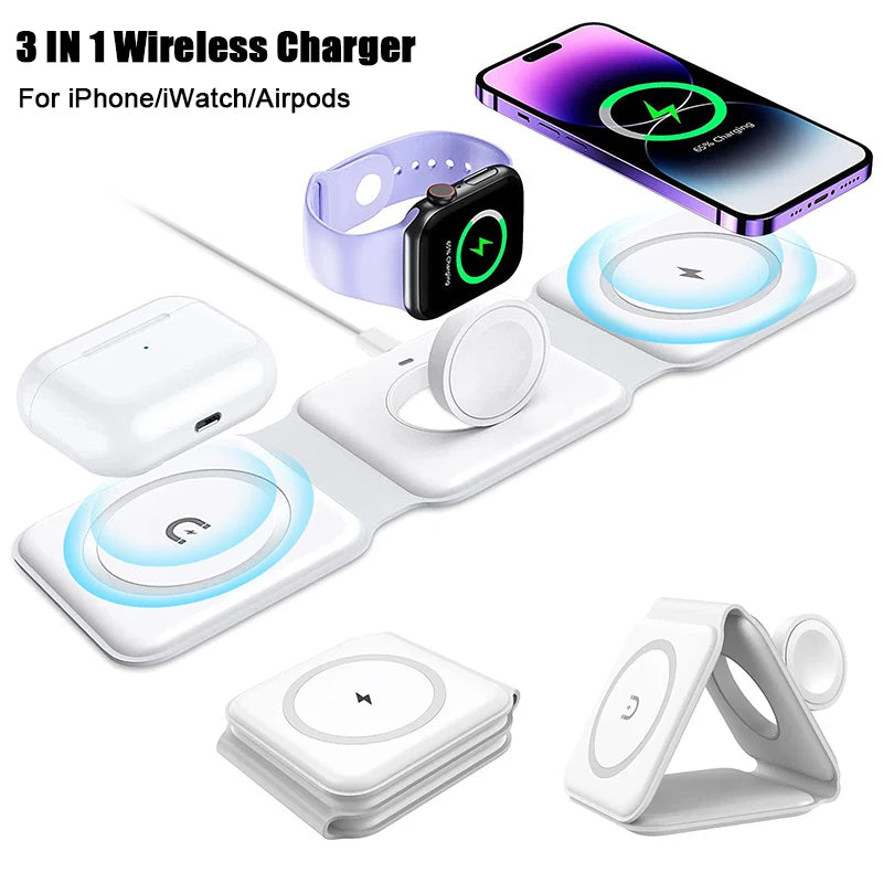 3-in-1 Foldable Fast Charging Station, Double Magnetic 15W Wireless Charger MagSafe | Portable Docking Station for Smartphones, Apple iPhone, Samsung, iOS & Android, AirPods, Watch