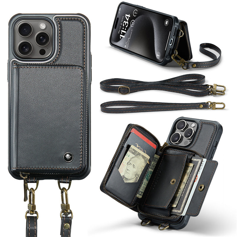 Luxury Leather Wallet Crossbody iPhone Case – Premium MagSafe phone chain & wallet case with card slot, stand function & strap, 360° shockproof protection, slim leather cover, keeps everything organized – perfect for outdoors & workdays