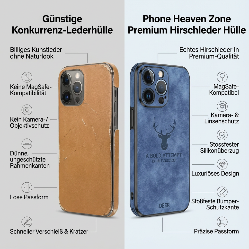 Hochwertige Hirschleder Apple iPhone-Hülle mit Kameralinsenschutz und stoßfestem Silikonüberzug - Phone Heaven Zone